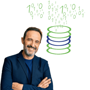zufrieden lächelnder Mann links im Bild, rechts oben eine grafisch dargestellte Datenbank mit Nullen und Einsen